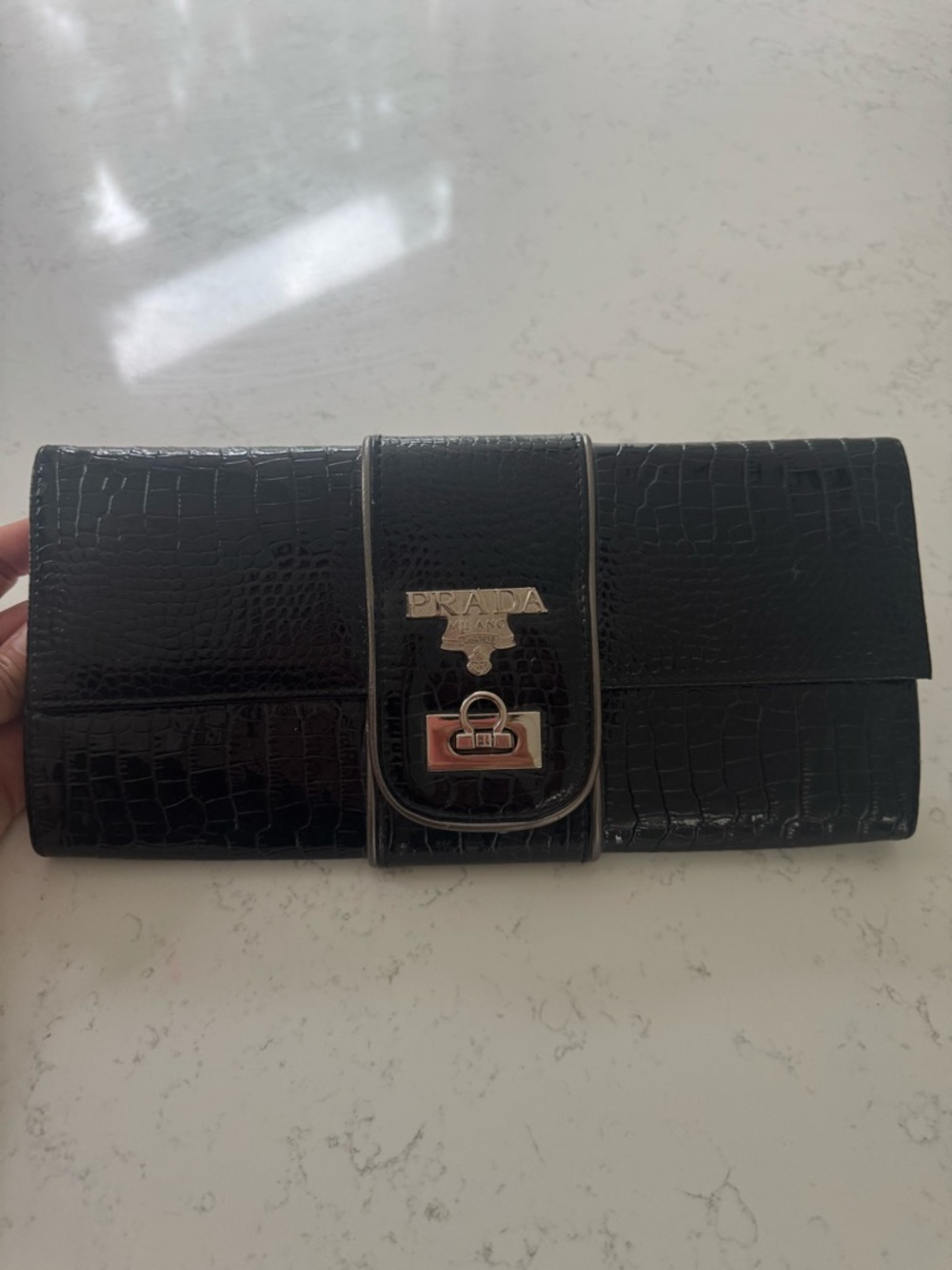 Prada Black Croc-Embossed Leather Foldover Clutch with Gold Hardware